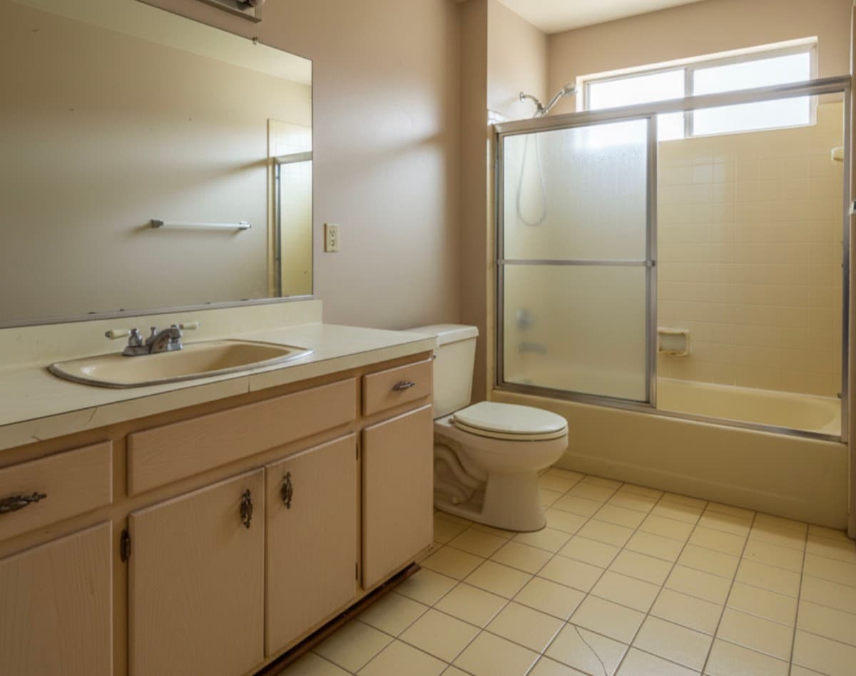 Bathroom with cracked tile and dated fixtures