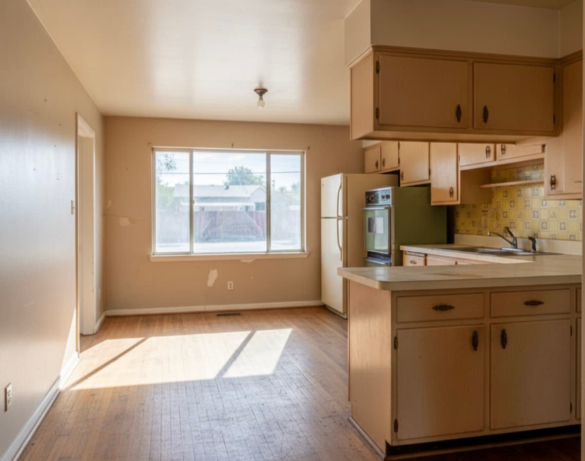 Outdated kitchen with worn flooring